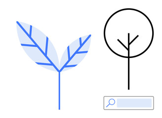 Two blue-veined leaves and a minimalistic tree with circular outline next to a search bar. Ideal for ecology, nature, sustainability, minimalism, design concepts, green energy, and a simple landing