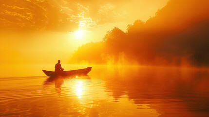 Lone fisherman in a boat at sunrise with golden sky and mountain silhouette