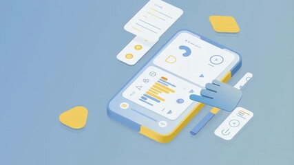 Vector smartphone interface with blinking notification icons and app UI panels sliding in/out, floating hand taps on screen to activate AI assistant, soft ambient motion and rounded design - Powered by Adobe