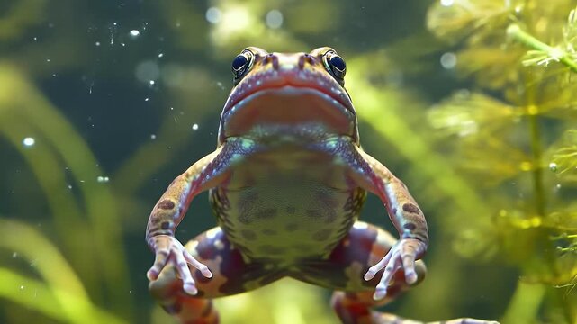 Underwater Perspective: Curious Frog Looking Up in Clear Water with Bubbles and Green Aquatic Plants