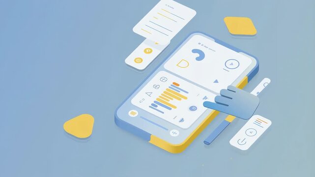 Vector smartphone interface with blinking notification icons and app UI panels sliding in/out, floating hand taps on screen to activate AI assistant, soft ambient motion and rounded design