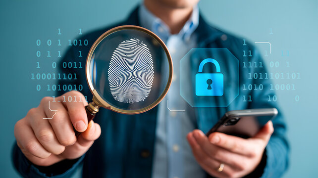 Unlock digital security with a magnifying glass examining a fingerprint, a padlock icon, and binary code, symbolizing data protection and identity verification.
