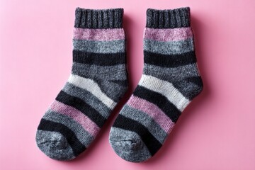 Warm and cozy striped socks in gray, pink, and black colors displayed on a pink background for a fresh seasonal look