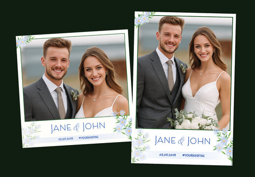 Wedding Photo Booth Template with Australian Couple Holding Flower Bouquet, Editable Social Media Frame for Custom Names and Hashtags.