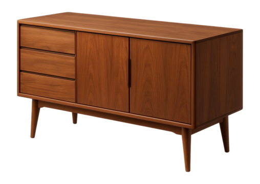 Mid-century modern wooden sideboard with three drawers and two doors on transparent background.