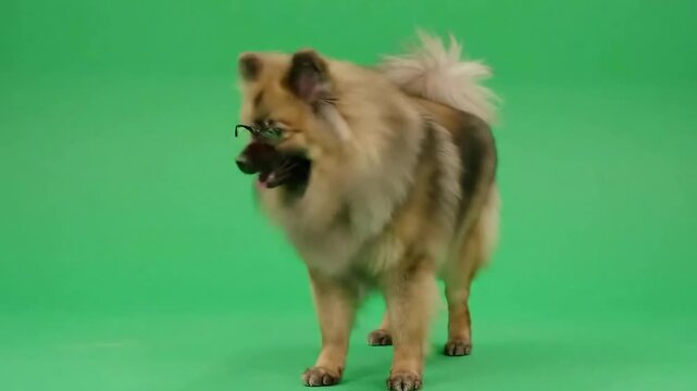 Charming Keeshond Dog Posing with Glasses on Green Screen for Creative Projects