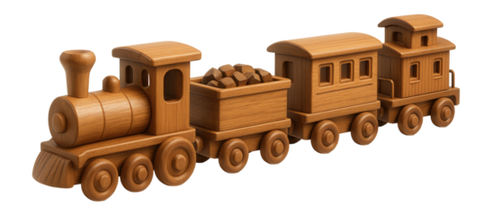 Wooden toy train with three connected carriages, featuring a detailed engine and cargo car filled with blocks on transparent background.