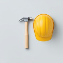Construction Tools with Yellow Hard Hat and Hammer Close-Up