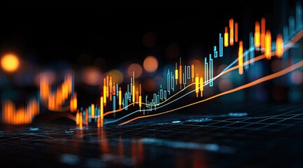 Abstract financial chart overlayed on a dark background with city lights.  Colorful rising and falling lines representing market trends