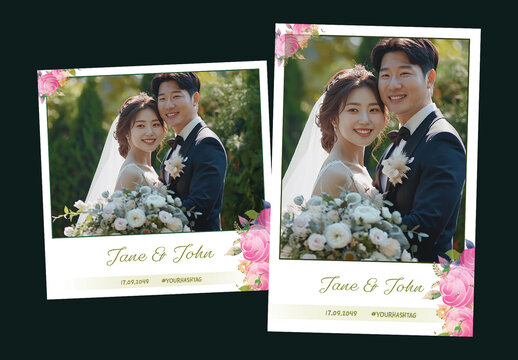 Floral Wedding Photo Booth Template with Asian Bride and Groom Holding Flower Bouquet, Editable Social Media Frame for Custom Names and Hashtags.
