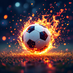 Fototapeta premium Flaming soccer ball dynamic motion on grass fire flames