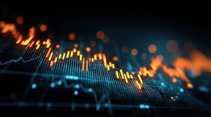 Dynamic financial chart, glowing orange-yellow bars,  dark background