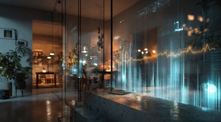 Modern office space with interactive glass wall displaying data visualizations