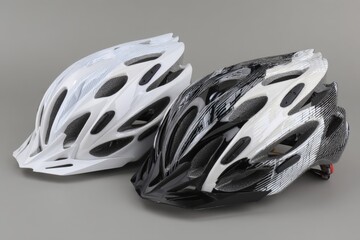 Cycling helmets in black and white on gray background showcasing safety gear for riders
