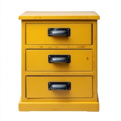 Vintage mustard yellow three drawer wooden cabinet with black handles