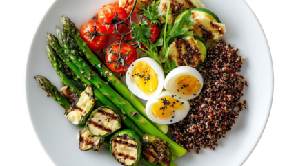 Grilled vegetable plate with quinoa and boiled egg on transparent background

