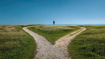 A solitary figure stands at a grassy crossroads,  a path diverging into the horizon.  Vast blue sky above,  ocean visible in distance