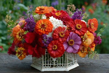Colorful summer flower arrangement displayed in a vintage white metal basket surrounded by lush garden greenery