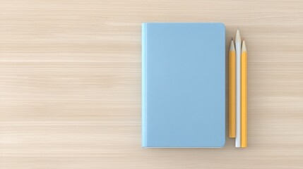 Blue Notebook and Pencils on a Wooden Table Surface