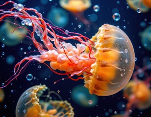 Obraz premium jellyfish feed mainly on plankton which includes tiny animals and plants suspended in water forming the base of their food chain in marine habitats