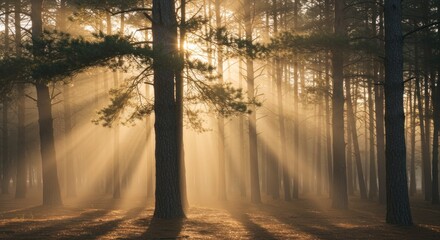 Sunrise through misty forest