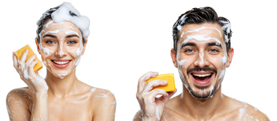 a happy couple covered in foam and holding soap while smiling
