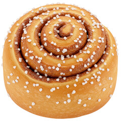 Fototapeta premium Delicious cinnamon roll with sugar crystals, isolated on white background, perfect for dessert menus