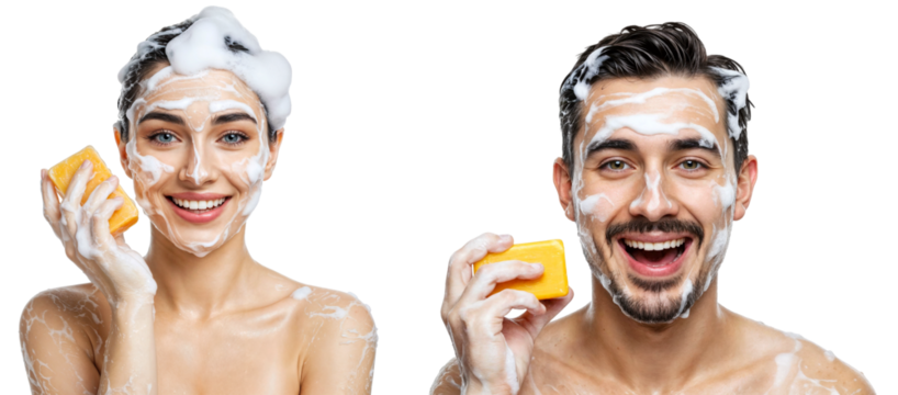 a happy couple covered in foam and holding soap while smiling