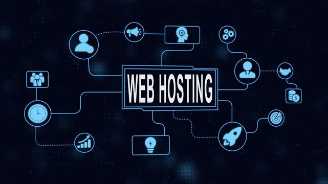 Web hosting concept presented with associated icons and flowchart on dark blue background