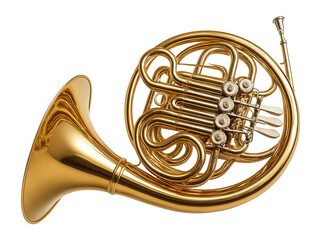 Shiny brass French horn with intricate tubing and valves on transparent background.