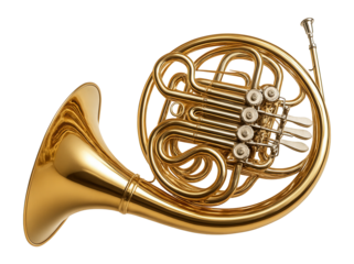 Shiny brass French horn with intricate tubing and valves on transparent background.