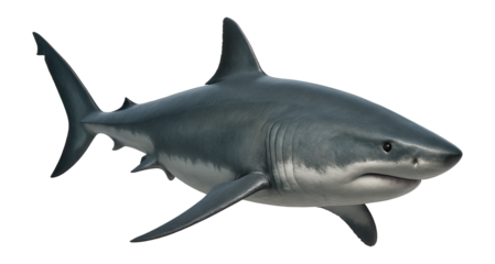 Realistic illustration of a great white shark swimming, showcasing its distinctive body shape and coloring on transparent background.