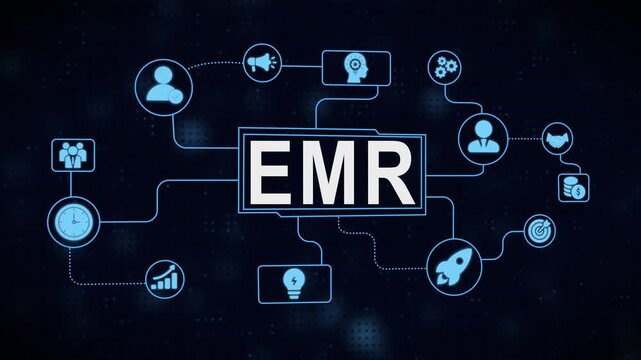 Electronic medical record emr concept represented by symbolic icons on blue background