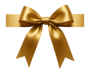 Elegant golden ribbon bow with two tails, perfect for gift wrapping or decorative purposes on transparent background.