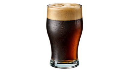 Tall glass of dark beer with frothy head isolated on transparent background
