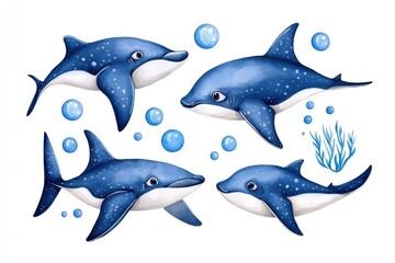 Fototapeta premium Cute Blue Cartoon Dolphins Swimming in Underwater Bubbles