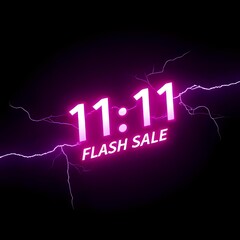 Fototapeta premium Electric neon 11.11 flash sale banner with lightning effects on dark purple gradient background