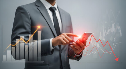 A businessman using a smartphone, surrounded by futuristic holograms of financial charts and business data analytics.