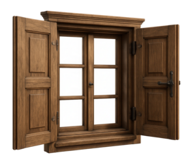 Classic wooden window with open shutters revealing a six-panel glass design on transparent background.
