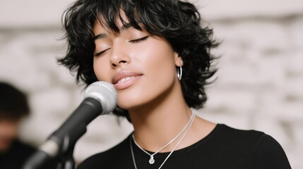 Young hispanic female singing with passion in studio setting