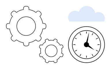 Interconnected gears, analog clock, and cloud element depict time management, cloud computing, teamwork, efficiency, innovation, workflow, and optimization in a simple flat metaphor