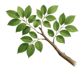 Illustration of a tree branch with multiple green leaves and a textured brown stem on transparent background.