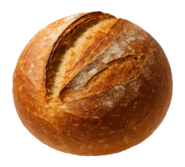 Round loaf of freshly baked crusty bread with a golden-brown texture on transparent background.