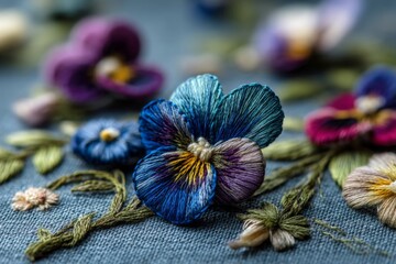 Beautifully crafted floral embroidery showcasing vibrant colors and intricate details against a textured background