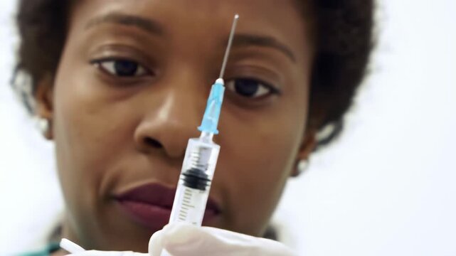 focused african american professional female doctor holding syringe, preparing for medical procedure. vaccination and healthcare services. health awareness campaign. cosmetology, skin treatment
