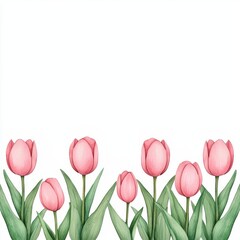 Elegant Pink Tulips in Fresh Green Stems on White Background