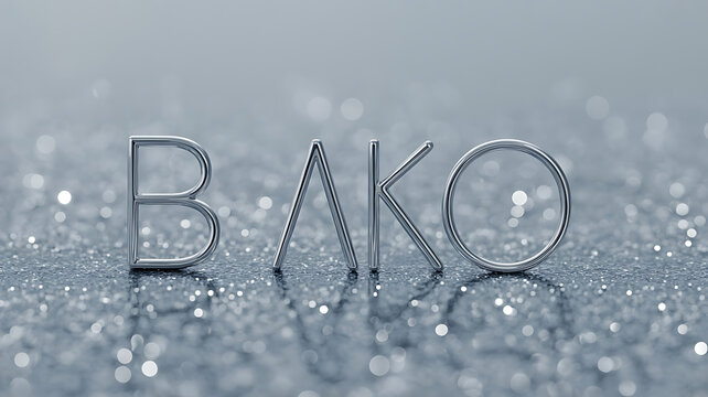 Silver letters spelling "BAKO" on a glittery surface.
