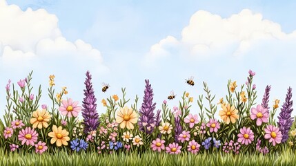 Fototapeta premium Vibrant Flower Garden with Bees and Blue Sky Background