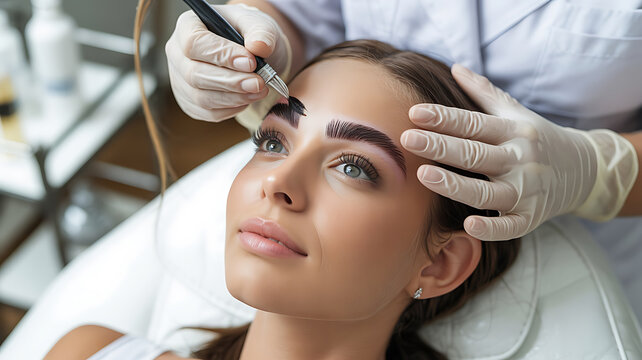 Woman receiving eyebrow microblading treatment.
