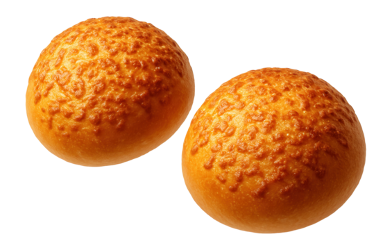 Two golden, textured cheese buns with a crispy crust on transparent background.
